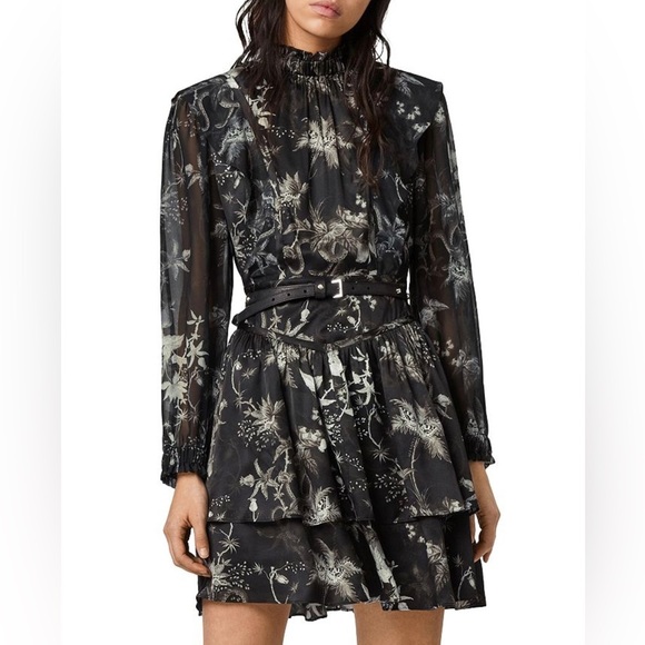 AllSaints Aislyn Evolution monochrome print ruffles moth skeleton mini dress 0 - Picture 1 of 12
